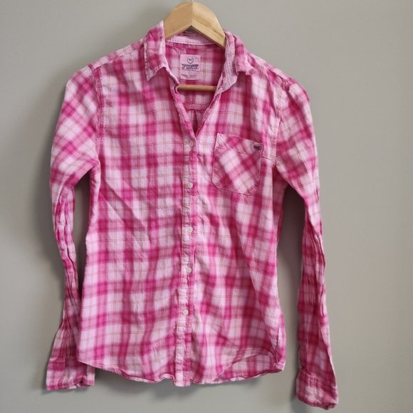 PINK Victoria's Secret Pink Plaid Long Sleeve Button Down Top Size Small - Picture 2 of 5